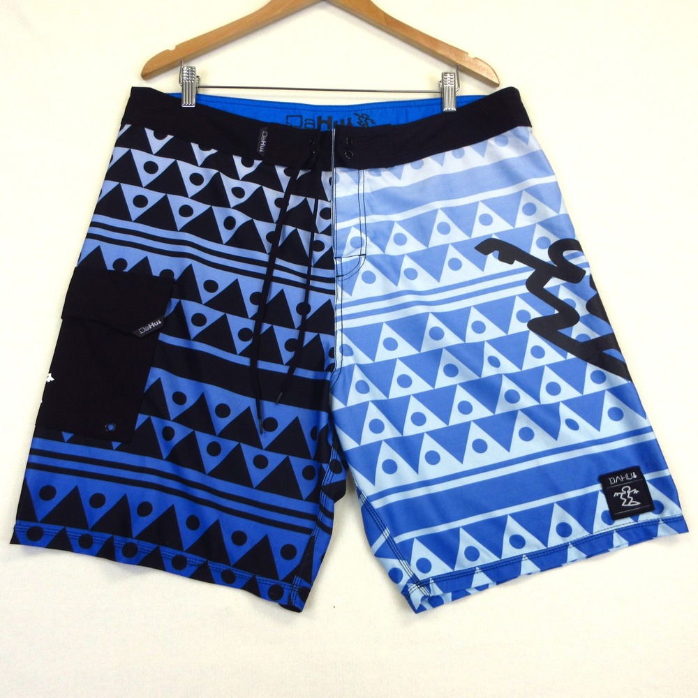 DaHui Board Shorts Mens 38 Blue Black Geometric Print Surf‎ Swim